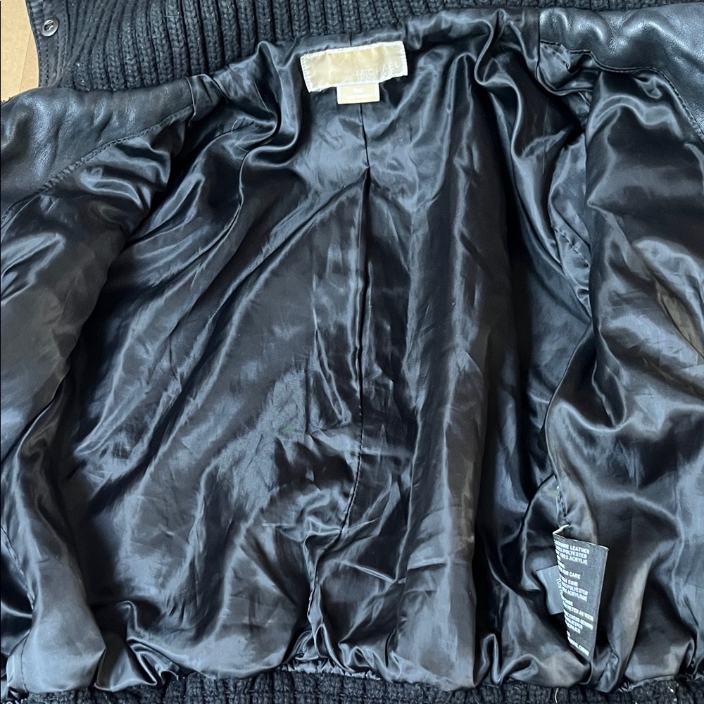 MICHAEL Michael Kors Black Leather Bomber Jacket Ribbed Knit Trim Size M - Picture 4 of 9